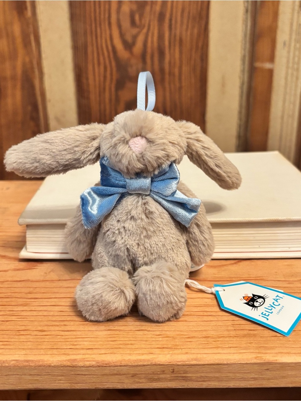 Jellycat Beige Bunny with Light Blue Bow Plush Ornament